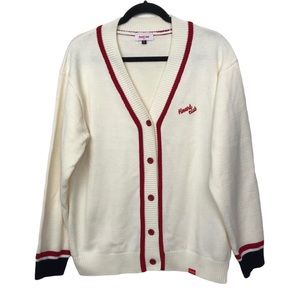 Heart Club Embroidered Logo Contrast Stripe Knit Cardigan Medium